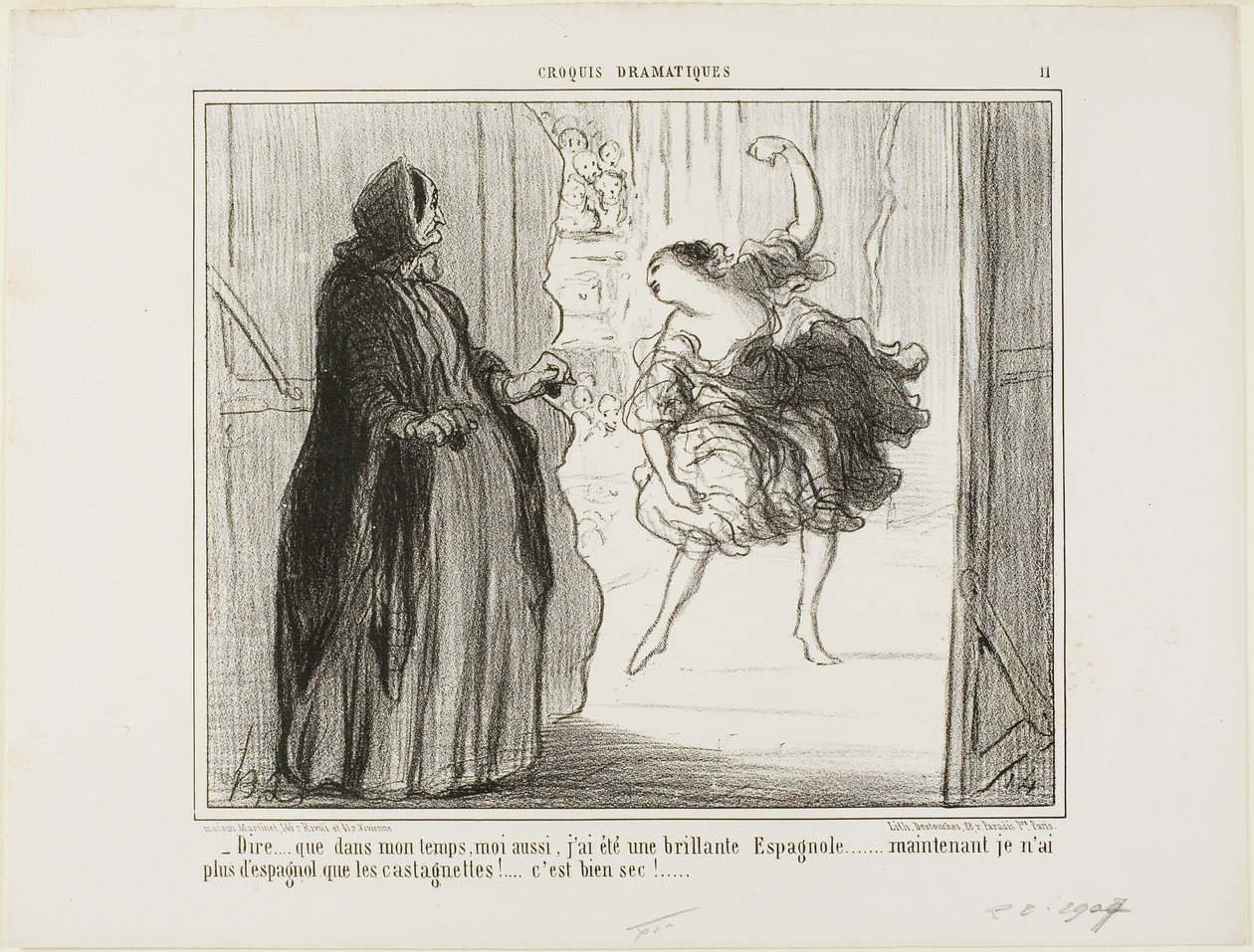 "- Svårt att föreställa sig att jag i mina dagar också var en hyllad spansk dansare ... nuförtiden är bara mina kastanjetter spanska ... vad tråkigt ...", plansch 11 från Croquis Dramatiques av Honoré Victorin Daumier