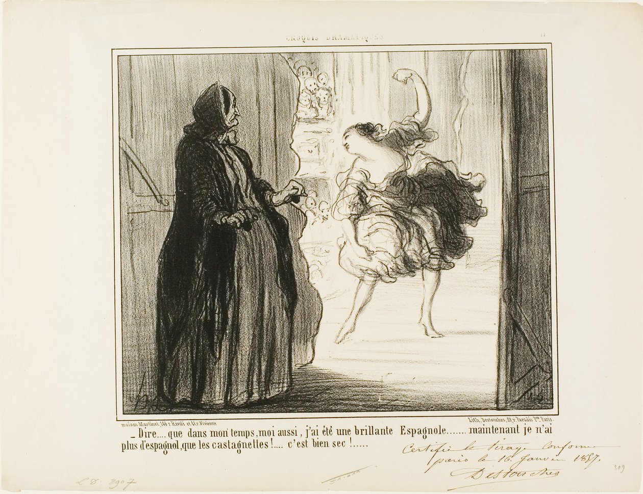 "- Svårt att föreställa sig att jag i mina dagar också var en hyllad spansk dansare ... nuförtiden är bara mina kastanjetter spanska ... vad tråkigt ...", plansch 11 från Croquis Dramatiques av Honoré Victorin Daumier