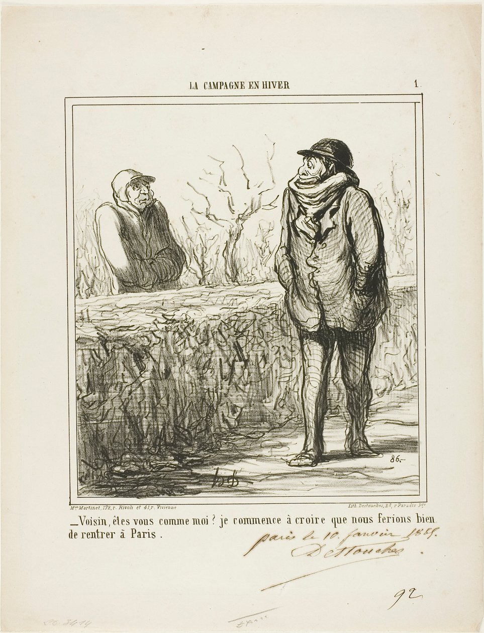 "- Hej, granne, är du som jag Jag börjar tro att vi skulle må bra av att återvända till Paris", plansch 1 ur La Campagne En Hiver av Honoré Victorin Daumier