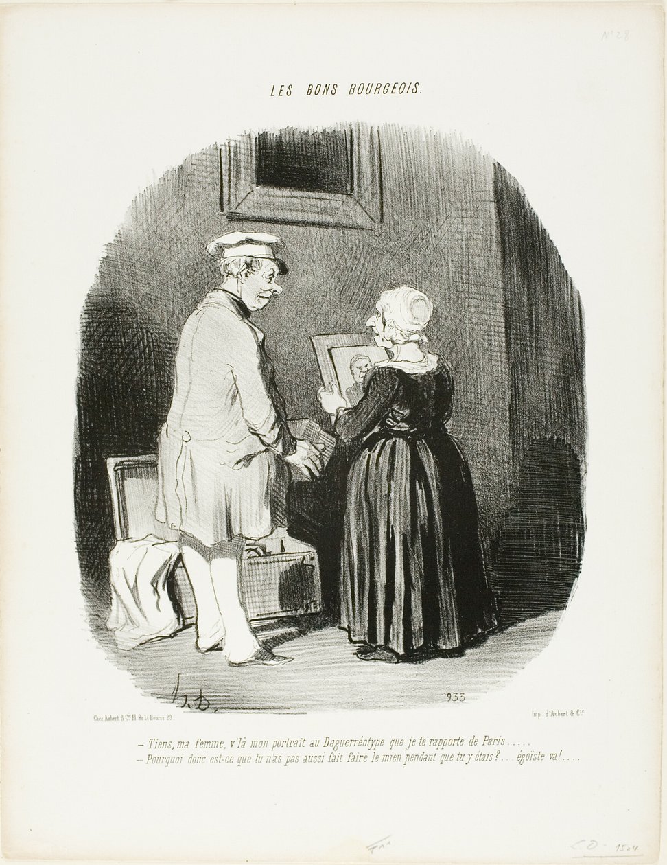 "- Här, min fru, är mitt daguerreotypiporträtt som jag tog med mig till dig från Paris... - Varför lät du inte göra mitt när du var där ... försvinn, din egoist!", plansch 28 från Les Bons Bourgeois av Honoré Victorin Daumier