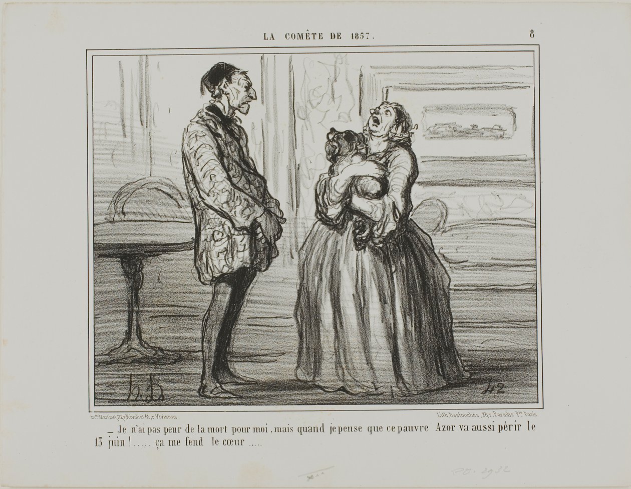 "- Jag är inte rädd för mig, men om jag tänker på stackars Azor som kommer att gå under den 13 juni ... det krossar helt enkelt mitt hjärta," plansch 8 från La Cométe De 1857 av Honoré Victorin Daumier