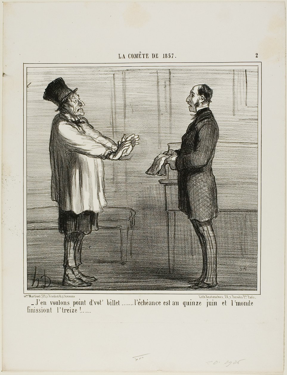 "- Jag vill inte ha dina krediter ... utgångsdatumet är den 15 juni och världen ska gå under den 13", plansch 2 från La Cométe De 1857 av Honoré Victorin Daumier