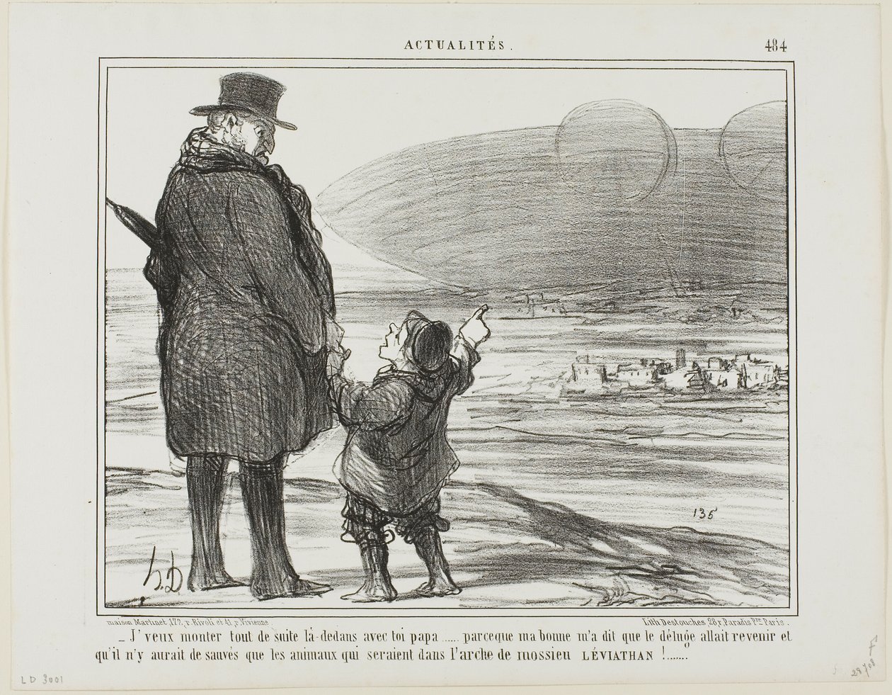 "- Jag vill genast åka med dig på det här fartyget, pappa, min barnflicka sa att syndafloden kommer att komma igen, och de enda som kommer att räddas är djuren på herr Leviatans ark!", plansch 484 från Actualités av Honoré Victorin Daumier