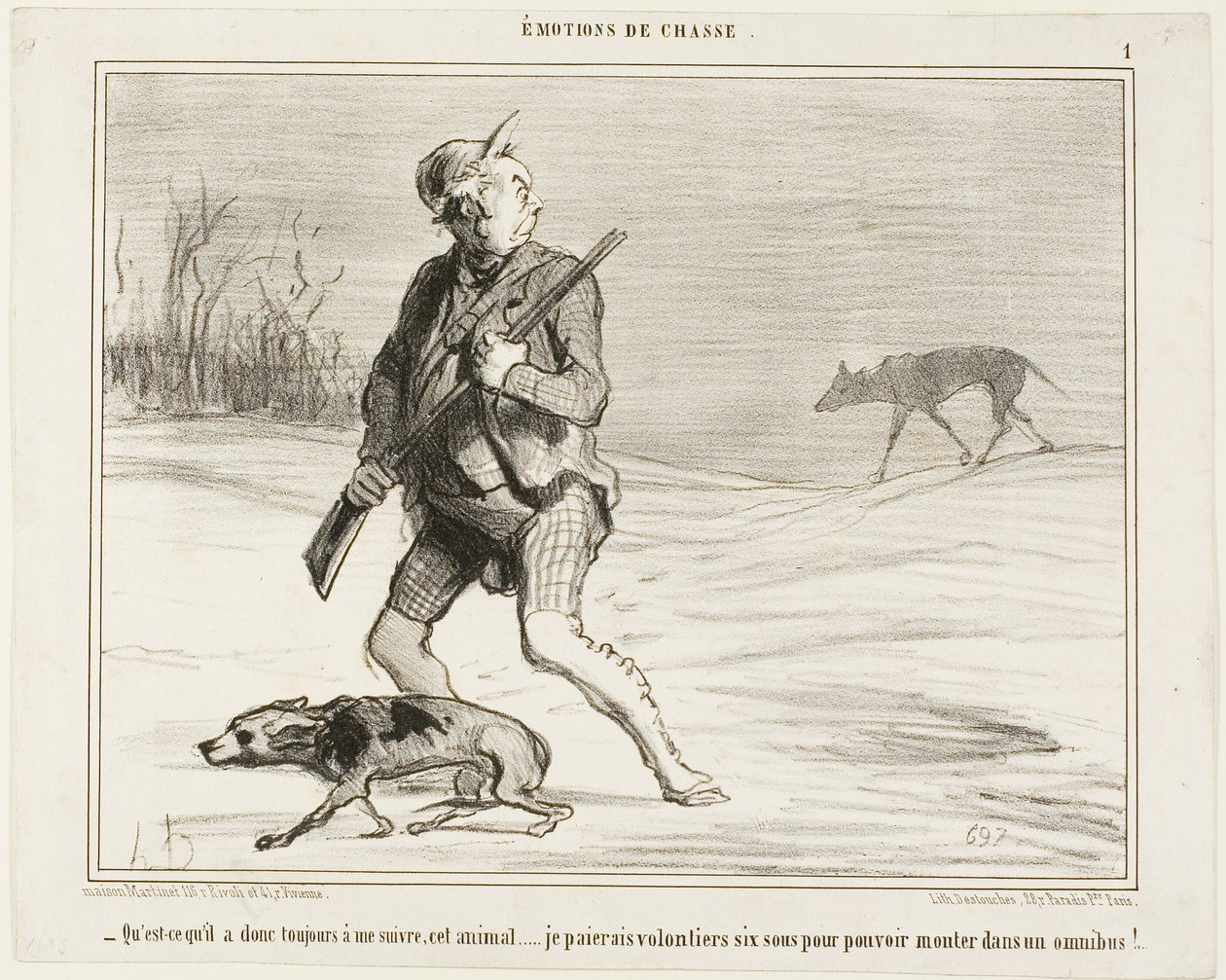 "- Jag undrar varför det här odjuret följer efter mig hela tiden... Jag betalar gärna 6 sous för att hoppa på en buss", plansch 1 från Émotions De Chasse av Honoré Victorin Daumier