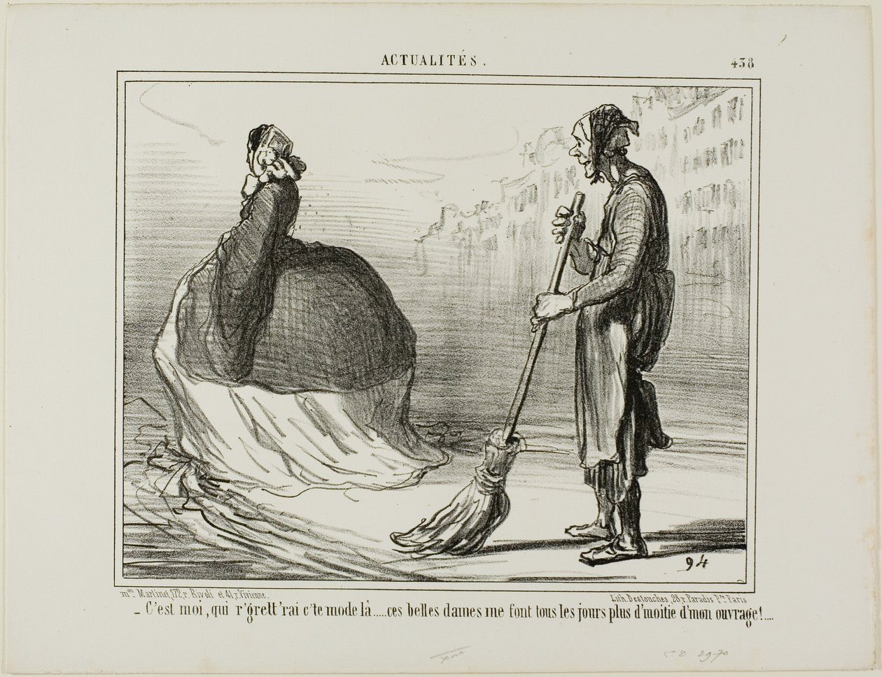 "- Jag skulle beklaga om detta läge blir omodernt en dag ... dessa damer gör hälften av mitt jobb!", plansch 438 från Actualités av Honoré Victorin Daumier