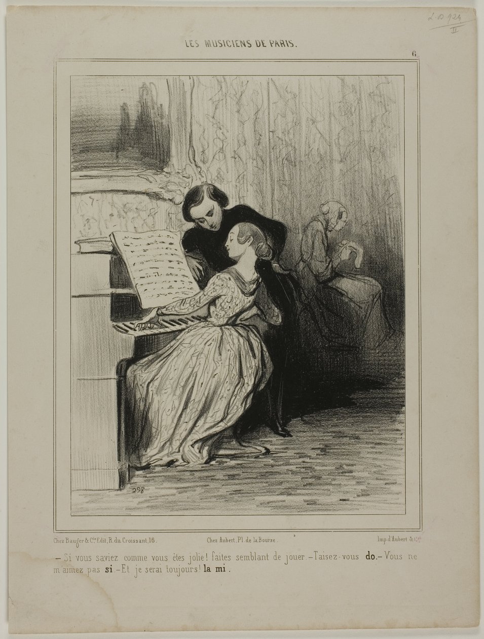 "- Om du bara visste hur söt du är!... Låtsas att du spelar! - Sluta... Du älskar mig inte! Så jag kommer alltid att vara din. ... MI," plansch 6 från Les Musiciens De Paris av Honoré Victorin Daumier
