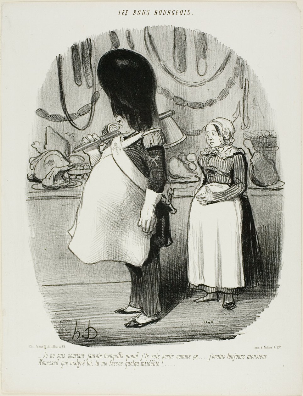 "- Jag är aldrig lugn när jag ser dig gå ut så här... Jag är alltid rädd, Monsieur Moussard, att du kan vara otrogen", plansch 67 från Les Bons Bourgeois av Honoré Victorin Daumier