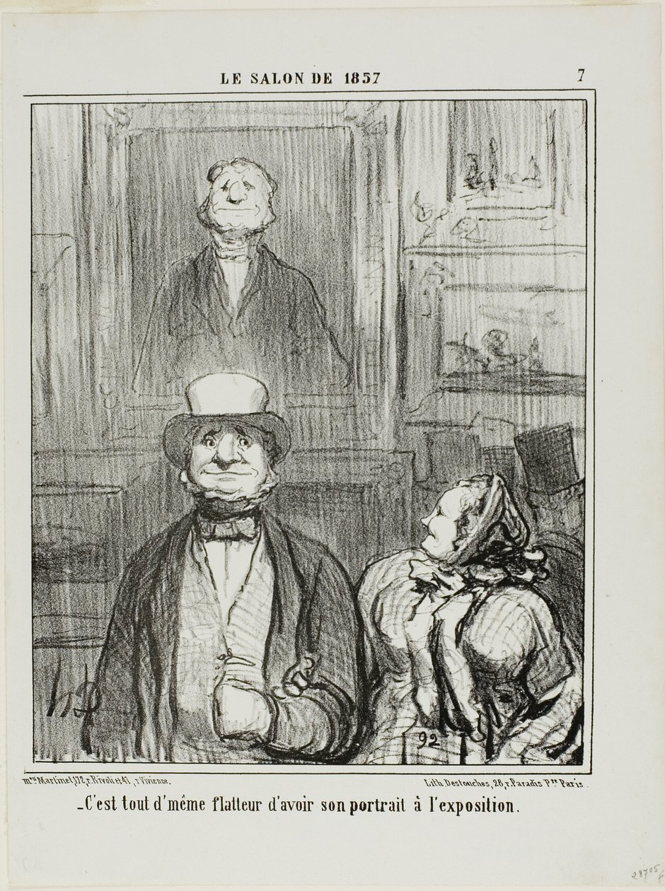 "- Det är verkligen ganska smickrande att få sitt porträtt utställt på Salongen", plansch 7 från Le Salon de 1857 av Honoré Victorin Daumier