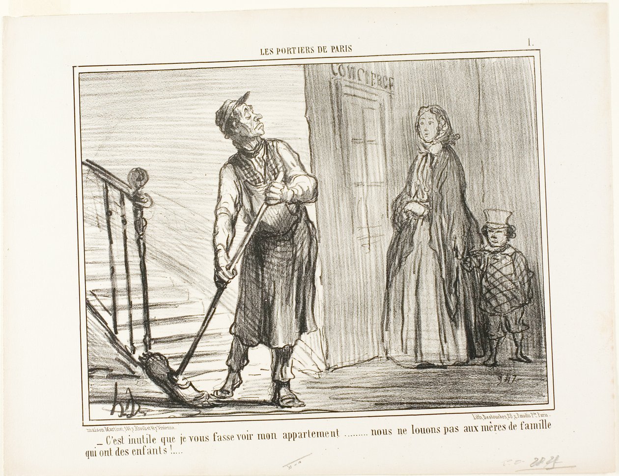 "- Det är meningslöst att visa dig min lägenhet. Vi hyr inte ut till mammor med barn", plansch 1 från Les Portiers De Paris av Honoré Victorin Daumier