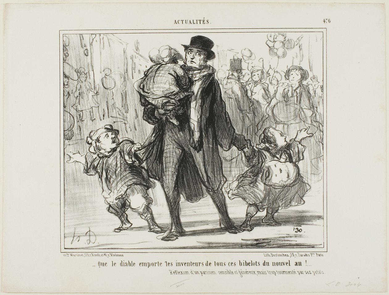 "- Må djävulen ta uppfinnaren av alla dessa nyårspresenter!" Reflektion av en känslig, generös men plågad parisisk far, plansch 476 från Actualités av Honoré Victorin Daumier