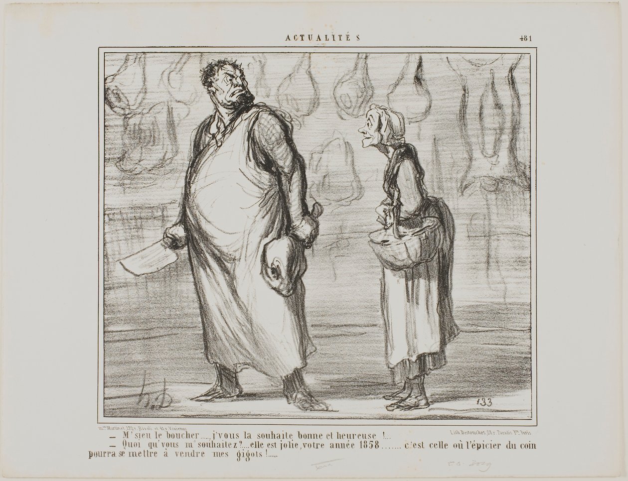 "- Herr slaktare, jag önskar er ett gott och hälsosamt nytt år ... - Vad Det här kommer att bli ett fint år, detta 1858... varje specerihandlare runt hörnet kommer att kunna sälja mitt fårkött!...", plansch 481 från Actualités av Honoré Victorin Daumier