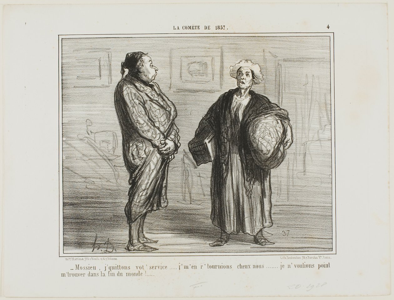 "- Monsieur, jag säger upp mig från er tjänst, jag åker hem... Jag vill inte vara här när världen går under", plansch 4 från La Cométe De 1857 av Honoré Victorin Daumier
