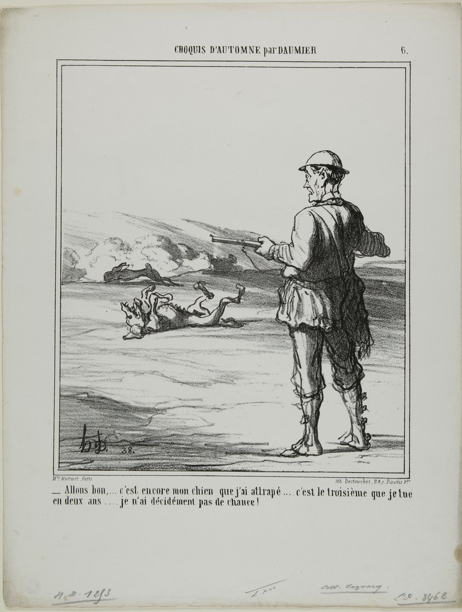 "- Åh, jävlar! .... det är återigen min egen hund som jag sköt..... det är den tredje på två år.... Jag har verkligen inte mycket tur med jakten!", plansch 6 från Croquis D