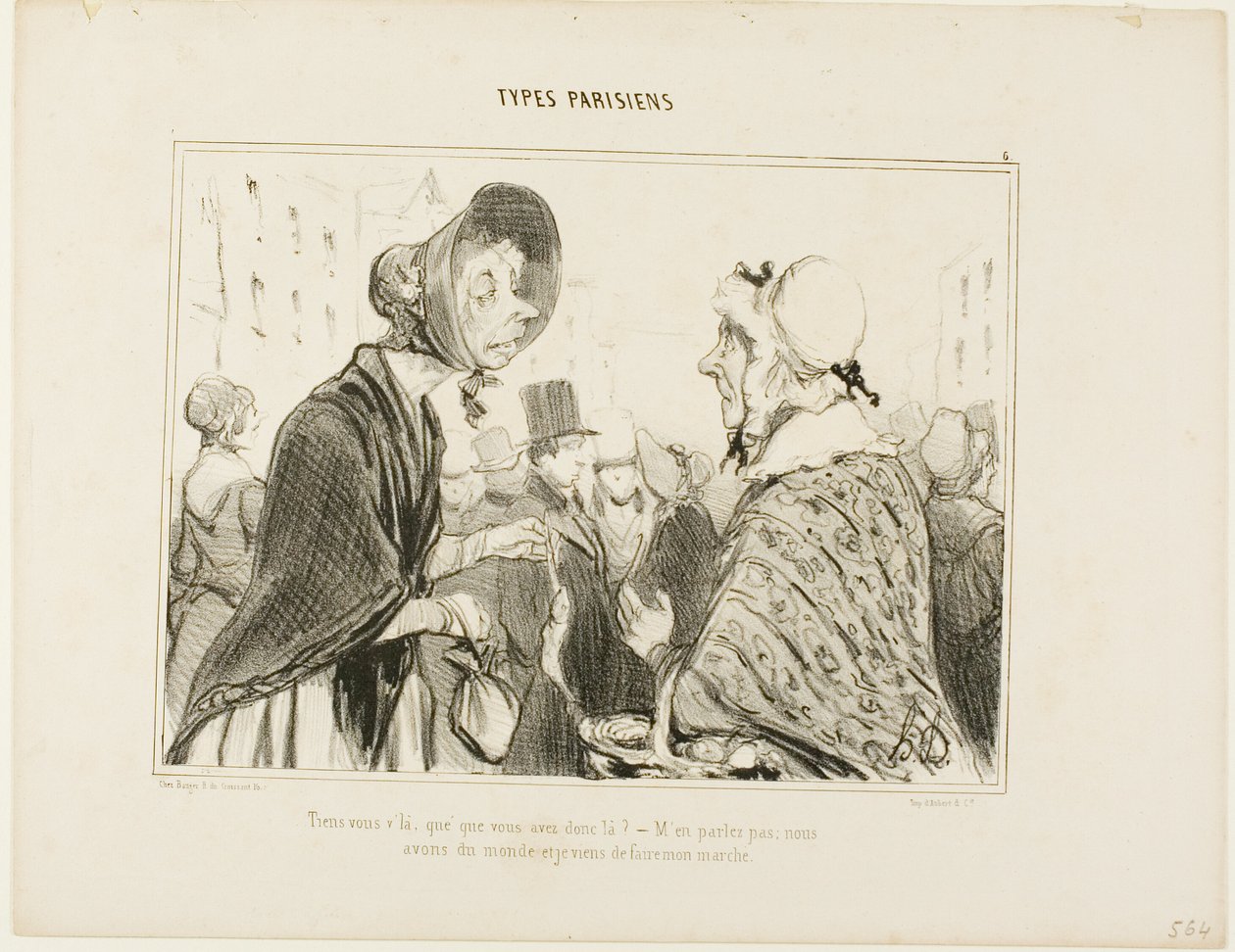 "- Åh, här är du..... vad har du där..... - Låt oss inte prata om det.... vi har gäster, och jag har precis handlat," plansch 6 från Types Parisiens av Honoré Victorin Daumier