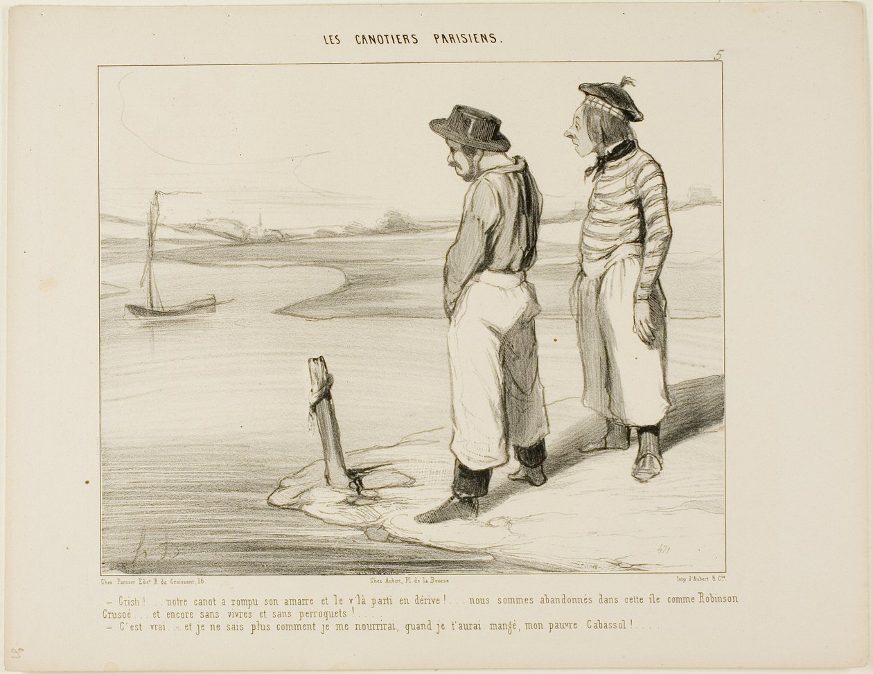 "- Vår båt släppte ankaret och har drivit iväg.... vi är fast på denna ensamma ö som Robinson Crusoe... och utan något att äta och ingen papegoja... - Det är sant.... och jag vet verkligen inte vad jag ska äta, när jag väl har slukat dig, stackars Cabassol av Honoré Victorin Daumier