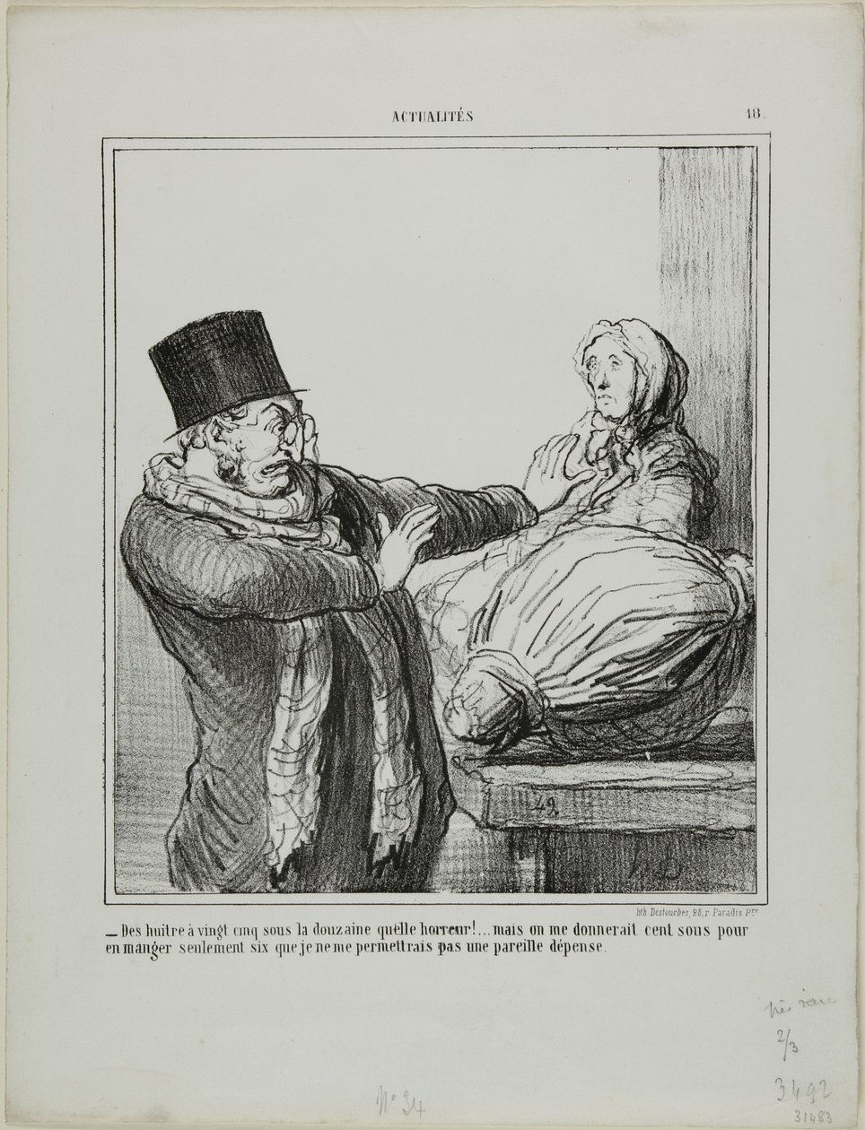 "- Ostron för 25 sous per dussin, fruktansvärt!... Även om du gav mig 100 sous för att äta ett halvt dussin, skulle jag inte tillåta mig en sådan utgift", plansch 18 från Actualités av Honoré Victorin Daumier