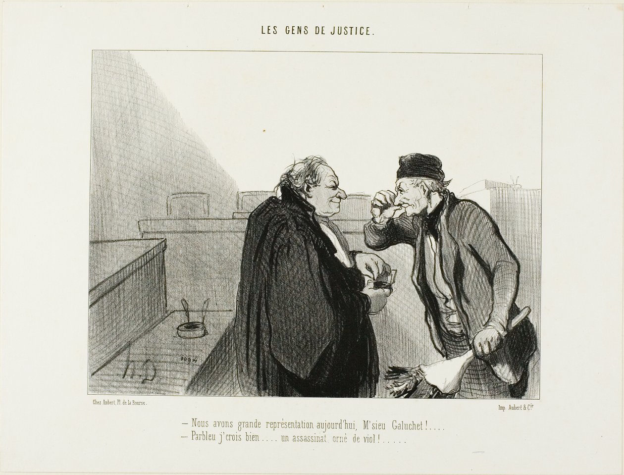"- Det borde bli en fantastisk föreställning idag, Mr. Galuchet... - Jag skulle tro det... Ett mordfall med en våldtäkt inbakad...", platta 31 från Les Gens De Justice av Honoré Victorin Daumier