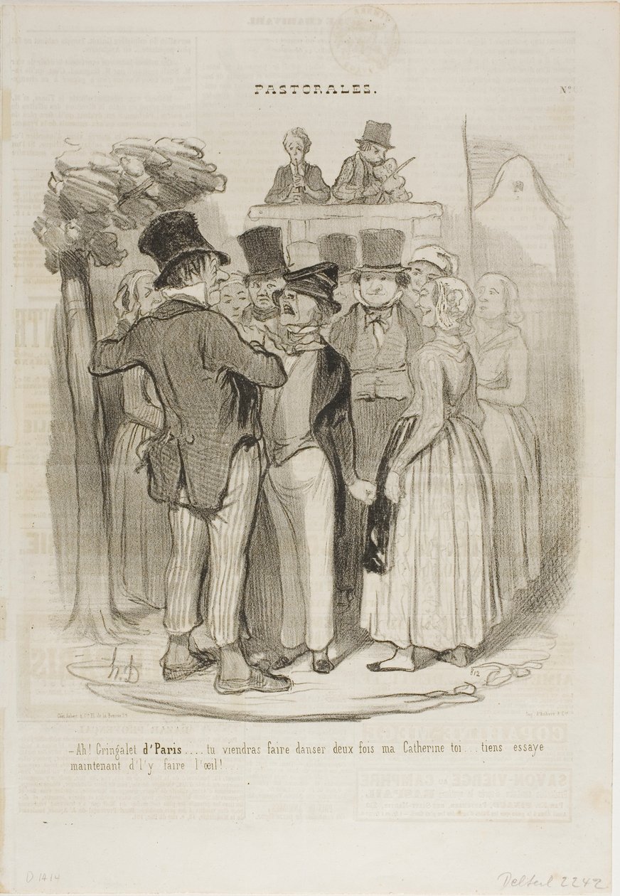 "- Så, Gringalet från Paris!.... du kommer att dansa två gånger med min Catherine ...... försök nu igen att göra fårögon på henne", platta 27 ur Pastorales av Honoré Victorin Daumier