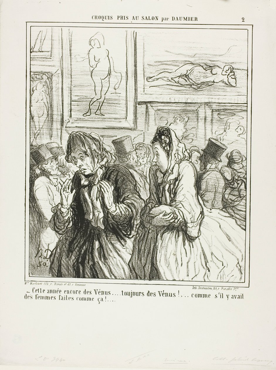 "- Ännu fler Venuser i år... alltid Venuser!... som om det fanns några kvinnor som var byggda så!", plansch 2 från Croquis Pris Au Salon par Daumier av Honoré Victorin Daumier