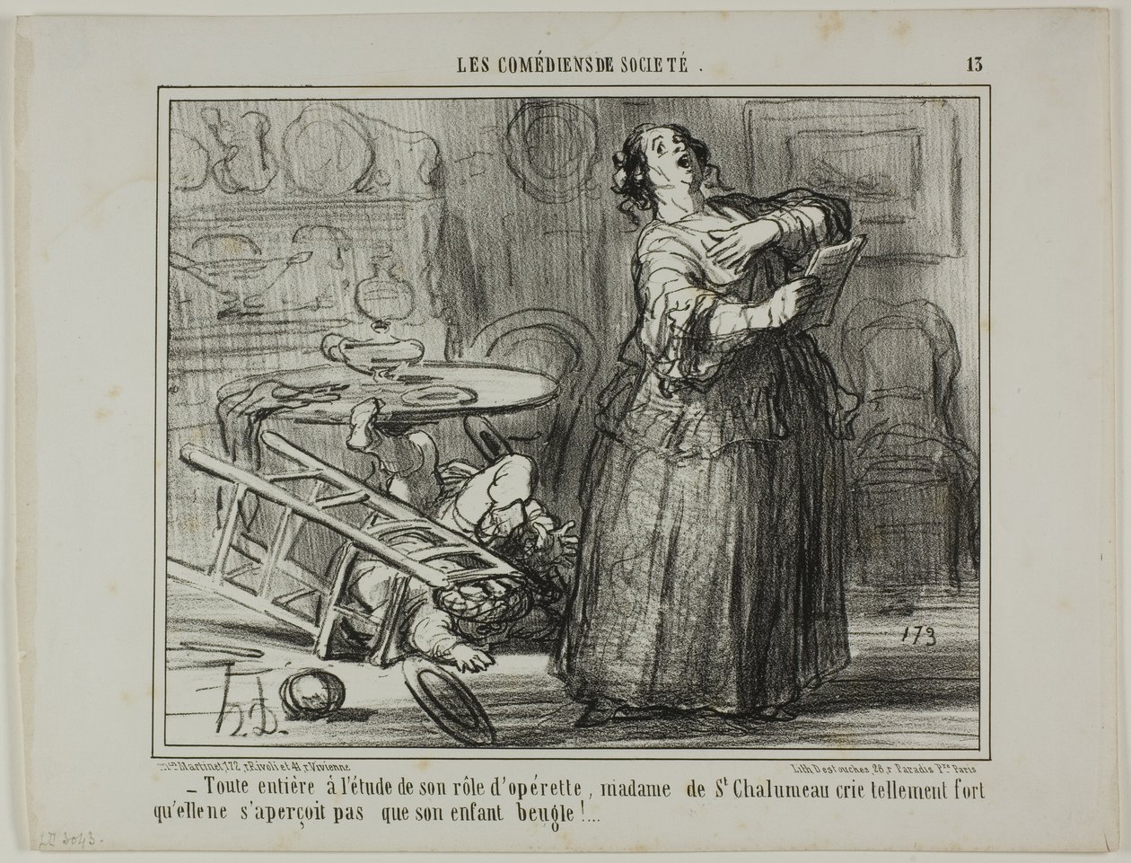 - Madame de St Chalumeau är tagen av sin operettroll och skriker så högt att hon inte märker att hennes barn skriker, plansch 13 från Les Comédiens De Société av Honoré Victorin Daumier