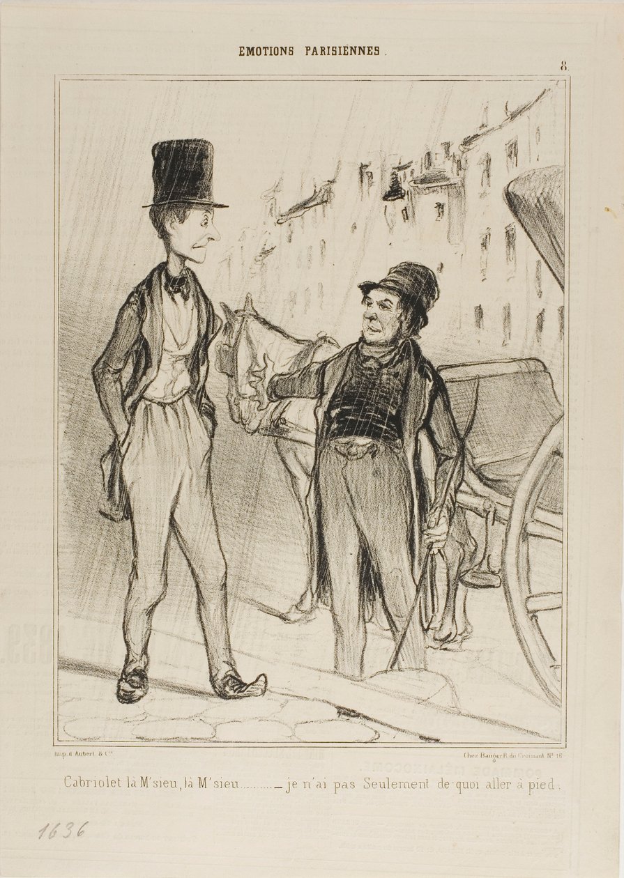 "- Taxi Monsieur Taxi - Jag har inte ens tillräckligt för att gå," platta 8 från Émotions De Parisiens av Honoré Victorin Daumier