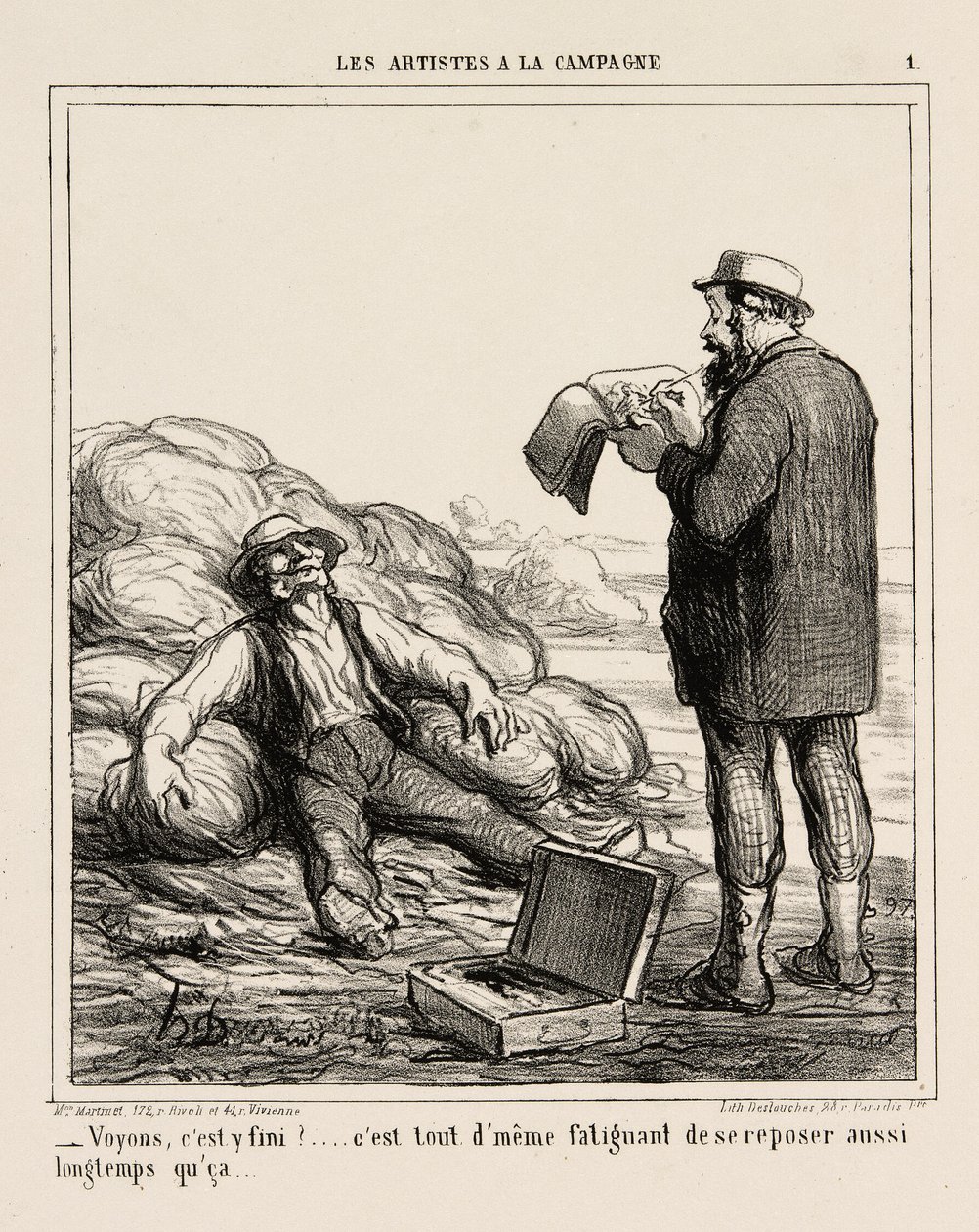 "- Jaha, är du äntligen klar... det är ju tröttsamt att slappna av så länge", plansch 1 från Les Artistes A La Campagne av Honoré Victorin Daumier