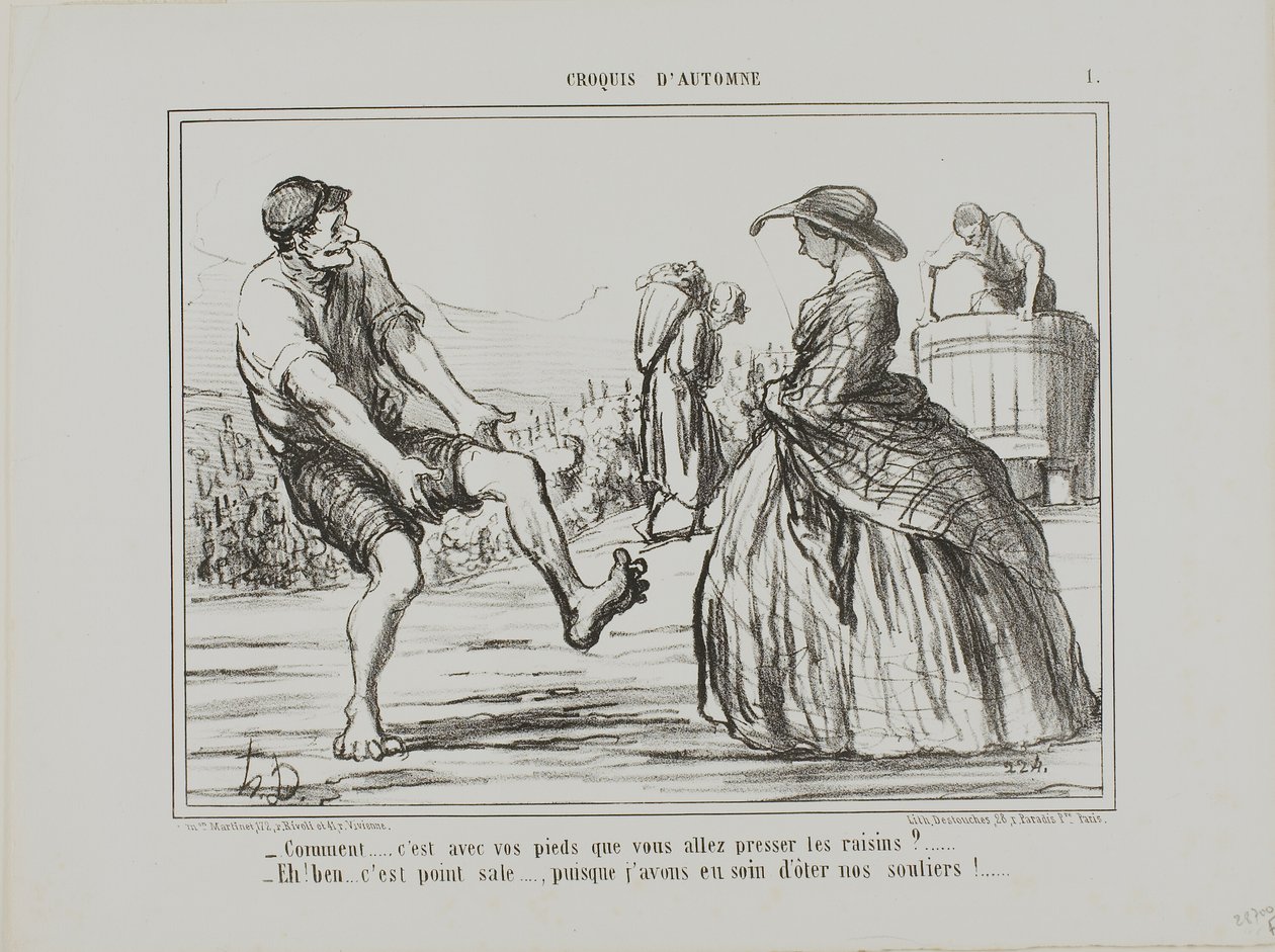 "- Vad Pressar du druvorna med fötterna ... - Visst, och det är inte smutsigt alls ... eftersom jag tog av mig skorna!", plansch 1 från Croquis D