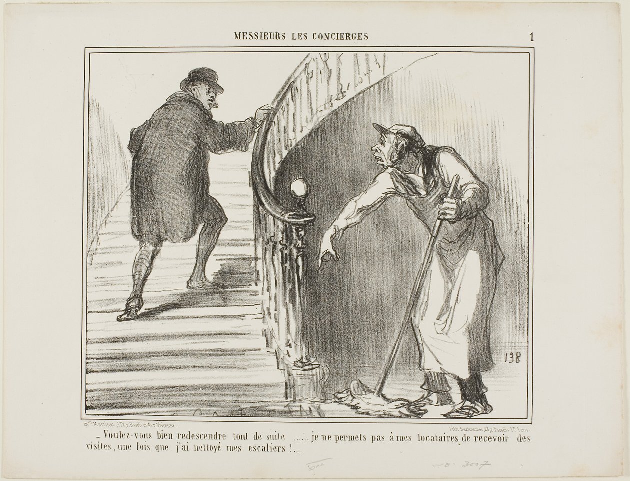 "- Kan ni vara snäll och komma tillbaka omedelbart... Jag tillåter inte mina hyresgäster att ta emot besök när jag har städat trappan", plansch 1 från Messieurs Les Concierges av Honoré Victorin Daumier