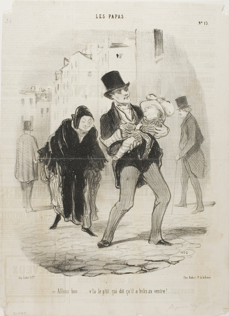 "- Ja visst, men den stackars pojkens mage gör ont", plansch 13 från Les Papas av Honoré Victorin Daumier