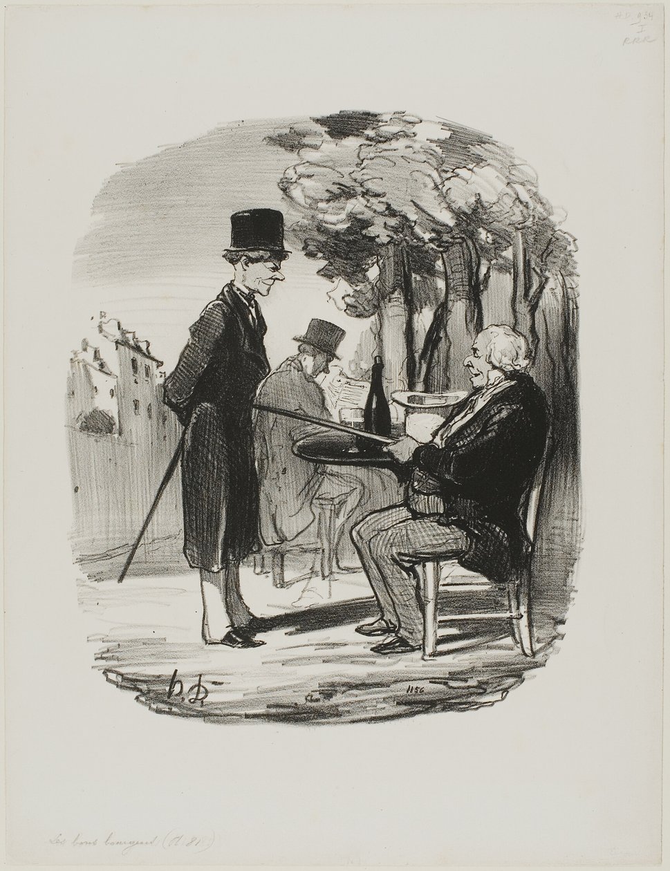 "- Du ska inte ha din ölflaska med oss i kväll... Jag kan se att du har en privat middagsbjudning idag, din skurk...", plansch 81 från Les Bons Bourgeois av Honoré Victorin Daumier