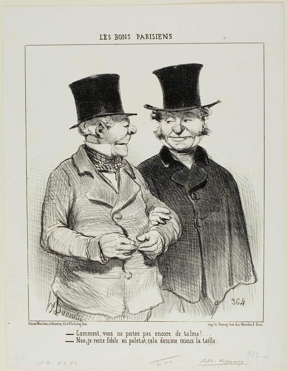 "- Du bär inte en Talma ännu - Nej, jag är fortfarande lojal mot överrocken, den är mer smickrande för min midja", plansch 1 från Les Bons Parisiens av Honoré Victorin Daumier