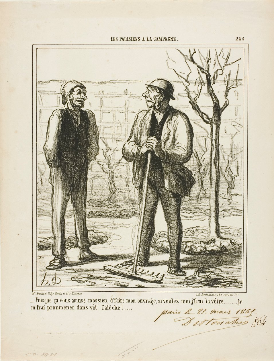 "- Du verkar tycka om att göra mitt arbete. I utbyte kan jag erbjuda mig att göra ditt jobb: Jag ska ta en tur i din buss!", platta 249 från Les Parisiens A La Campagne av Honoré Victorin Daumier