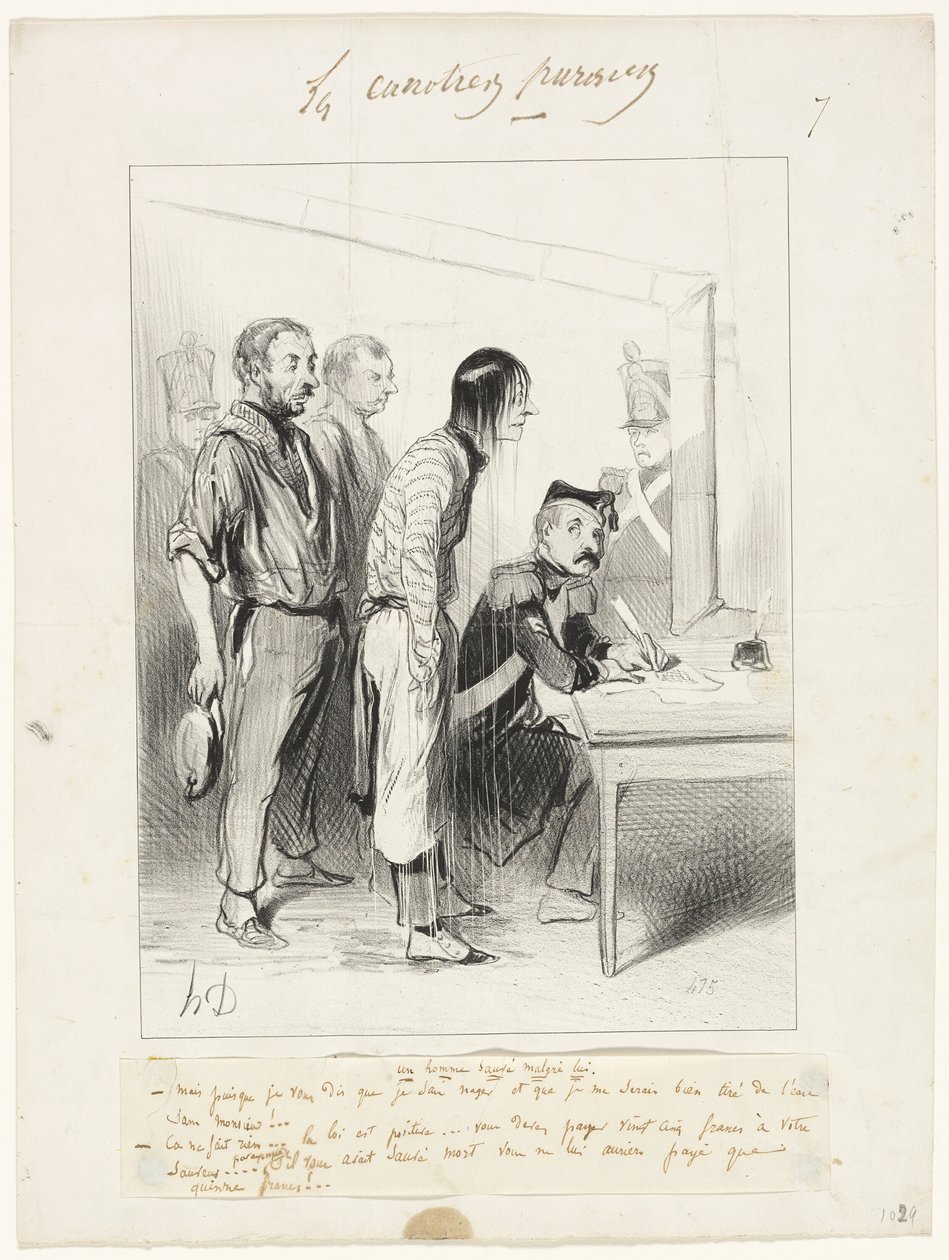 En man räddad mot sin vilja, plansch sju från Les Canotiers Parisiens av Honoré Victorin Daumier