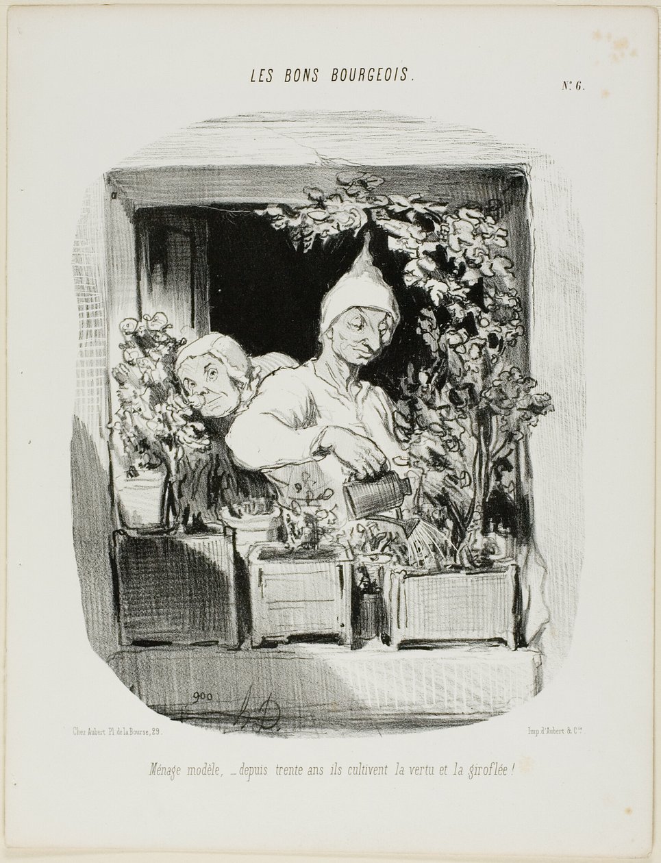 Ett mönsteräktenskap: I trettio år har de odlat dygd och nejlikor, plansch sex från Les Bons Bourgeois av Honoré Victorin Daumier