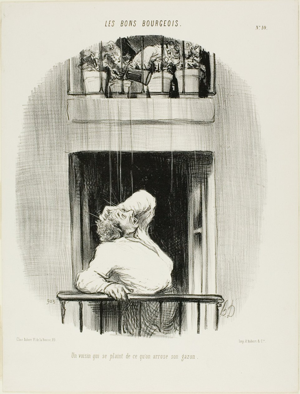 En granne klagar över vattningen av sin gräsmatta, plansch tio från Les Bons Bourgeois av Honoré Victorin Daumier