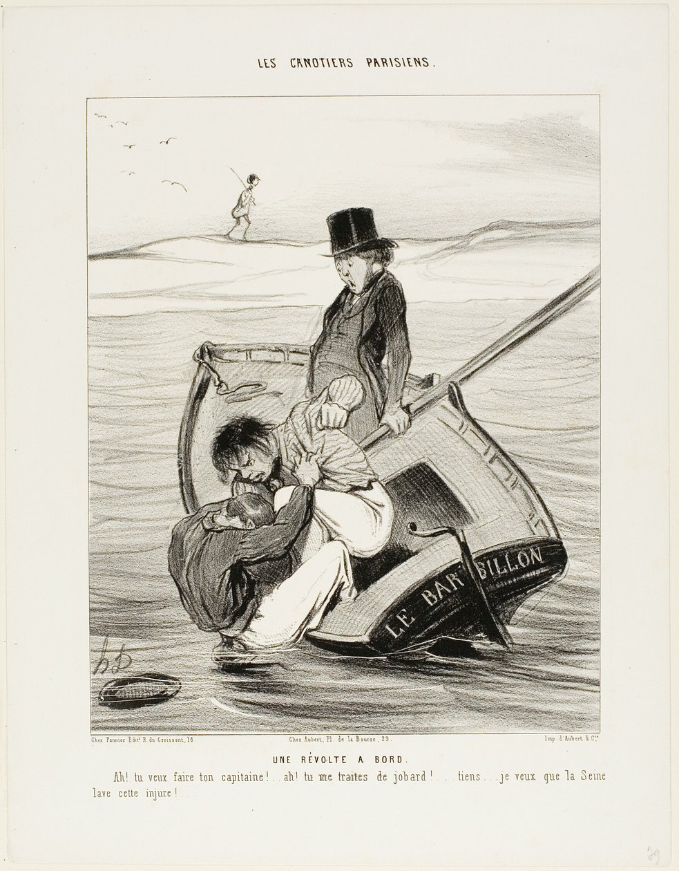 En revolt ombord. "- Ah! du vill vara din egen kapten! ... - Ah! du behandlar mig som en idiot ... hej ... Jag hoppas att Seine tvättar bort den förolämpningen!", plansch 13 från Les Canotiers Parisiens av Honoré Victorin Daumier