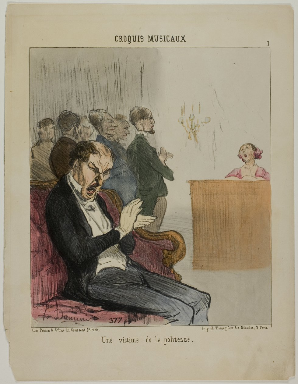 A Victim of His Own Politeness, platta 7 från Croquis Musicaux av Honoré Victorin Daumier