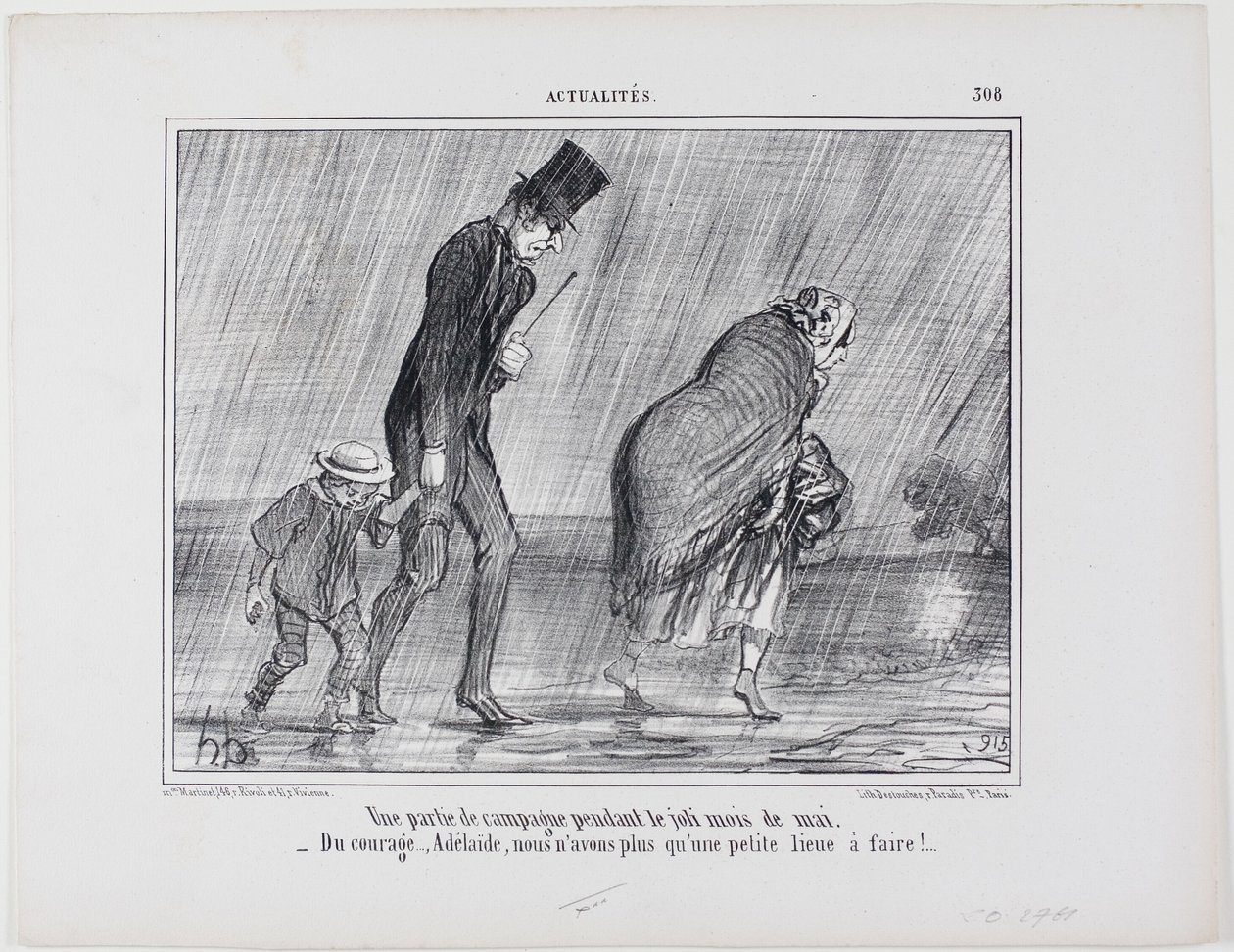 En utflykt på landet under den vackra maj månad. "- Courage... Adelaïde det är bara en liga kvar", platta 308 från Actualités av Honoré Victorin Daumier