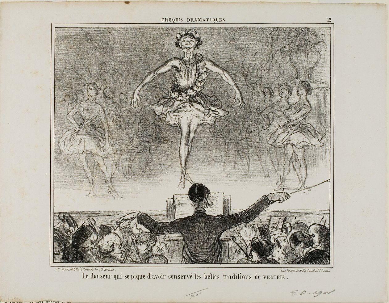 En dansare som påstår sig ha bevarat den stora traditionen med VESTRI, plansch 12 från Croquis Dramatiques av Honoré Victorin Daumier