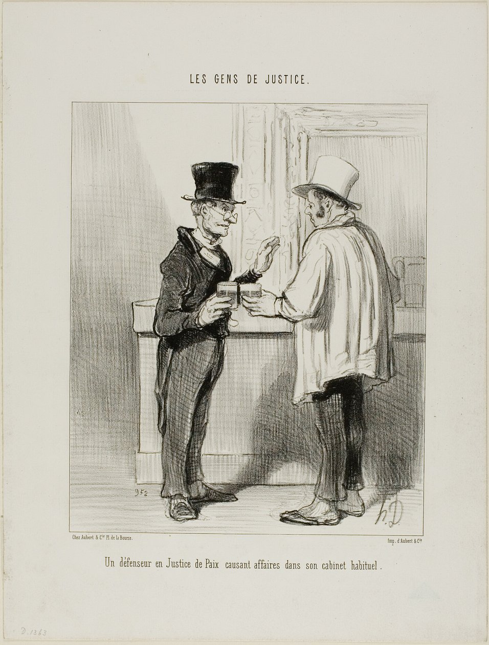 En försvarsadvokat vid skiljedomstolen diskuterar affärer i sina vanliga kontorslokaler, plansch 27 från Les Gens De Justice av Honoré Victorin Daumier