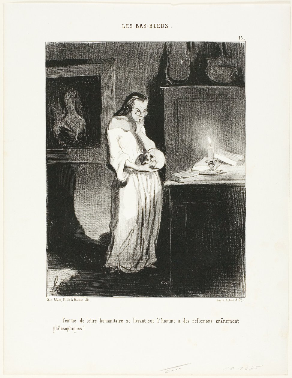 En humanistisk lärd kvinna som överger sig själv till de intellektuella filosofiska reflektionerna om människan, plansch 15 från Les Bas-Bleus av Honoré Victorin Daumier