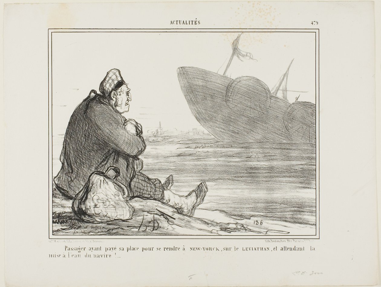 En passagerare har betalat sin biljett till NEW YORK på LEVIATHAN och väntar på att fartyget äntligen ska sättas i vattnet, plansch 479 från Actualités av Honoré Victorin Daumier