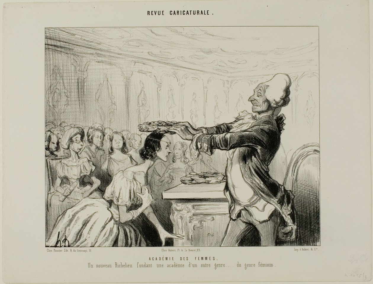 Kvinnornas akademi. En ny Richelieu, grundare av en ny akademi av ett annat slag.... av kvinnligt kön, plansch 33 från Revue Caricatureale av Honoré Victorin Daumier