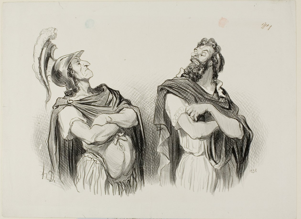 Akilles och Agamemnon. Achilles: "- Och vad bryr jag mig om ditt Troja!", platta ett från Physionomies Tragiques av Honoré Victorin Daumier