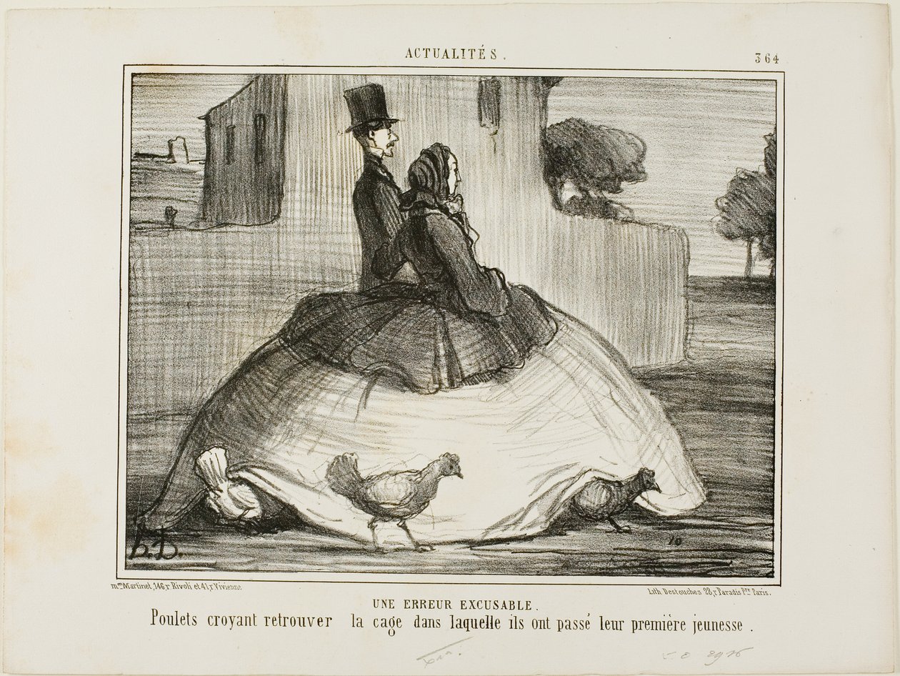 Ett ursäktligt misstag. Kycklingar som tror att de har hittat buren där de tillbringade sin tidiga barndom, plansch 21 från La Crinolomanie av Honoré Victorin Daumier