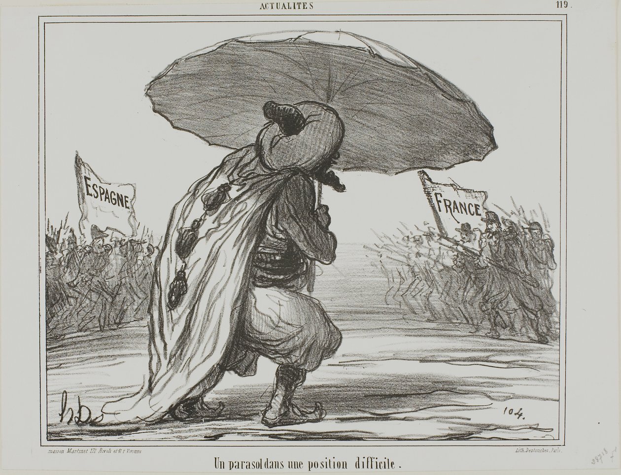 Ett paraply i ett svårt läge, plansch 119 från Actualités av Honoré Victorin Daumier