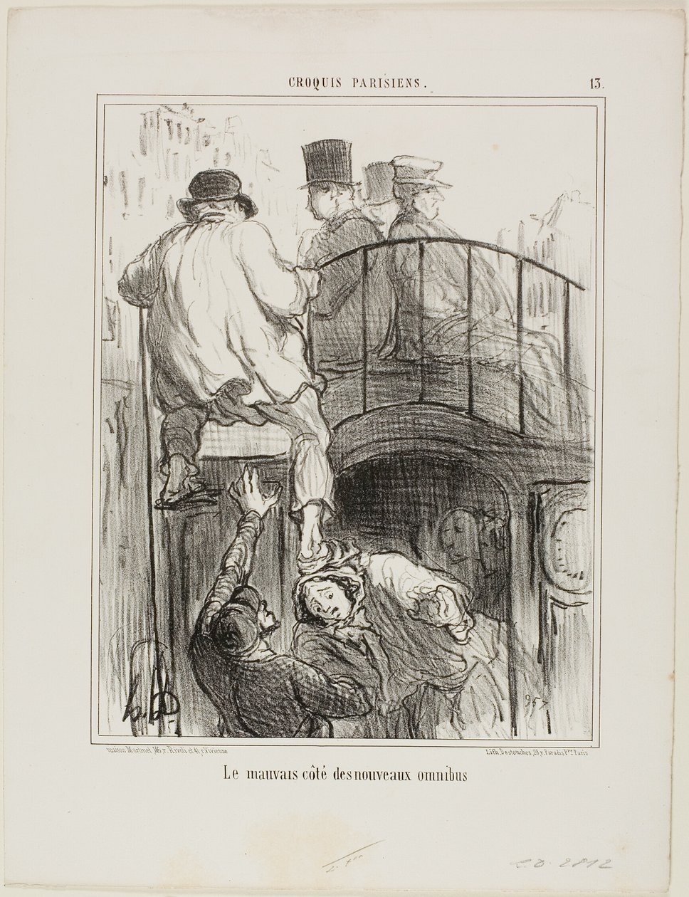 En obehaglig aspekt av den nya typen av Omnibus, plansch 13 från Croquis Parisiens av Honoré Victorin Daumier