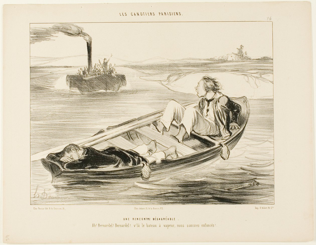 Ett obehagligt möte. "Bernardel, Bernardel! Här kommer ångaren ... vi kommer att sjunka!", plansch 16 från Les Canotiers Parisiens av Honoré Victorin Daumier