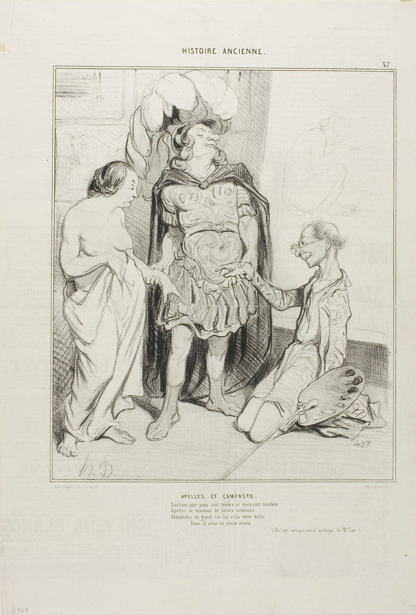 Apelles och Campaste. Alexander, som visste att Apelles höll på att slösas bort av kärlek, gav honom Campeste och ovanför detta slöts den första konstaffären någonsin - flickvän mot skulptur, vilken tur! (Ur Konsten och antiken, en poetisk essä av M. Cavé) av Honoré Victorin Daumier