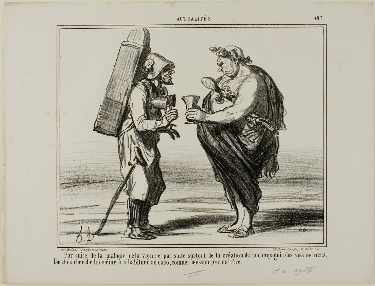 Som en konsekvens av vinsjukdomen men också på grund av grundandet av "Society for the Production of Artificial Wine", beslutar även Bacchus att byta till kokosvatten som en daglig dryck, platta 407 från Actualités av Honoré Victorin Daumier